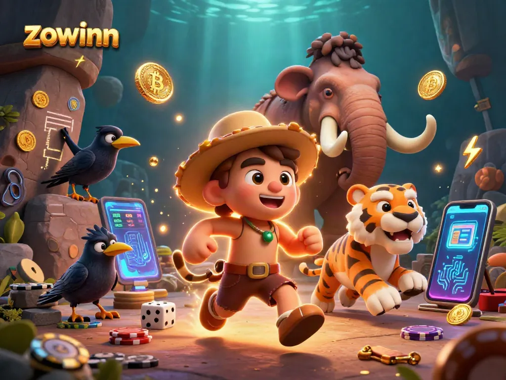 Players engage with zowinn's thrilling crypto casino games, featuring vibrant characters and elements.