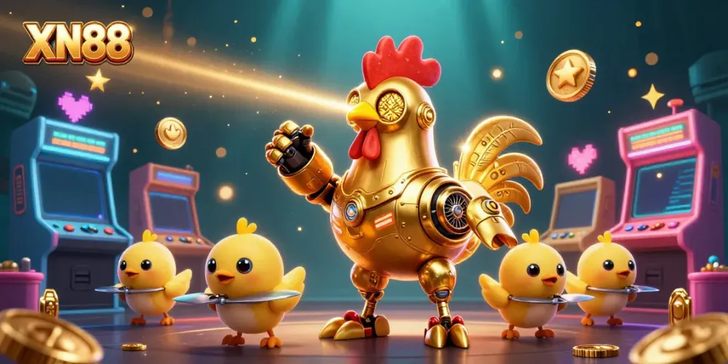 Engage with XN88 in this vibrant casino-themed 3D illustration featuring animated characters and gaming elements.