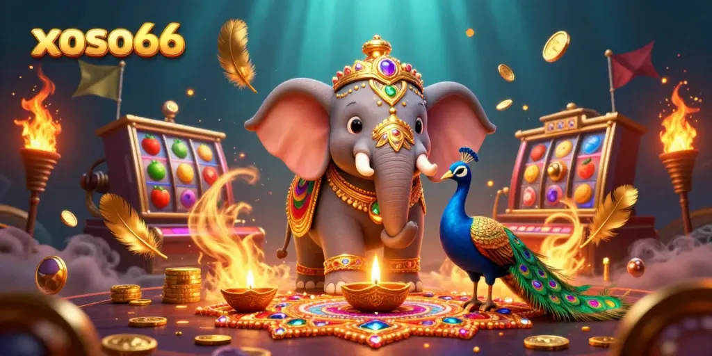 Join the excitement with xoso66 as the vibrant casino scene comes alive with thrilling slot reels and golden decor.