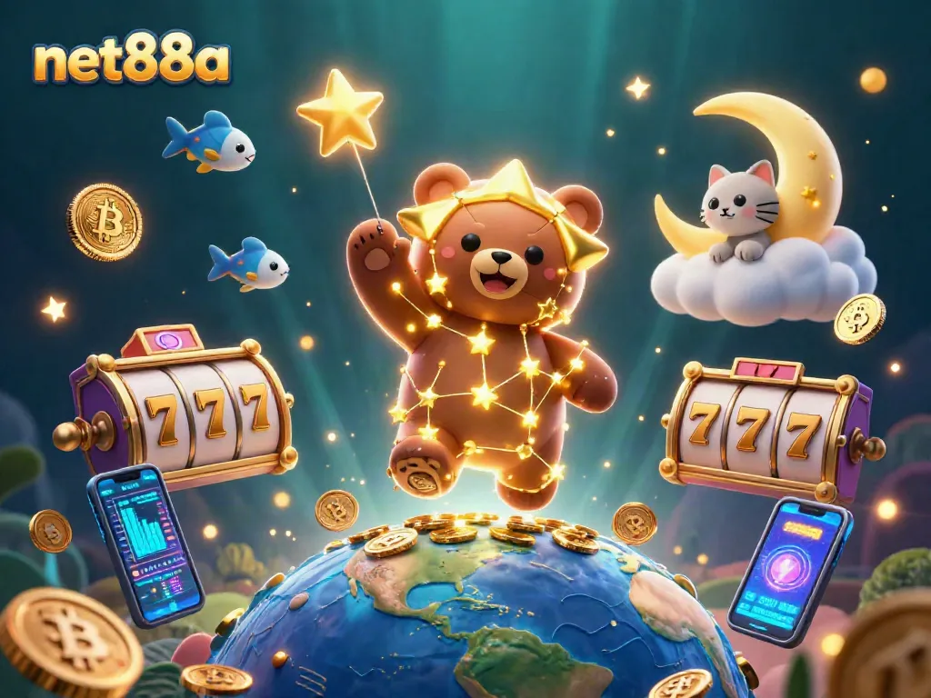 Play and win with net88a at this vibrant casino-themed digital scene featuring golden star characters.