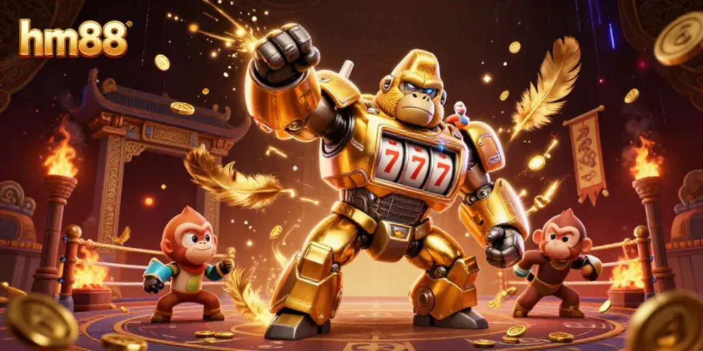 Experience the thrill of winning at hm88 with a vibrant gaming scene featuring a golden gorilla mech and casino elements.