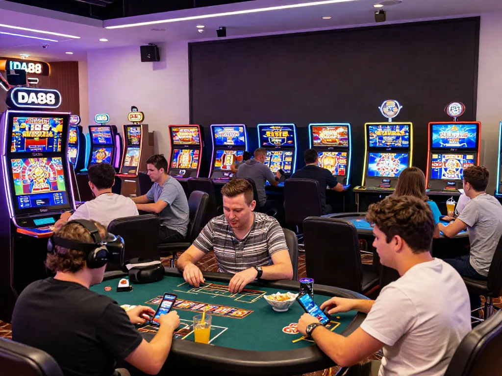 Players enjoying the DA88 online casino games on mobile and desktop in a lively gaming environment