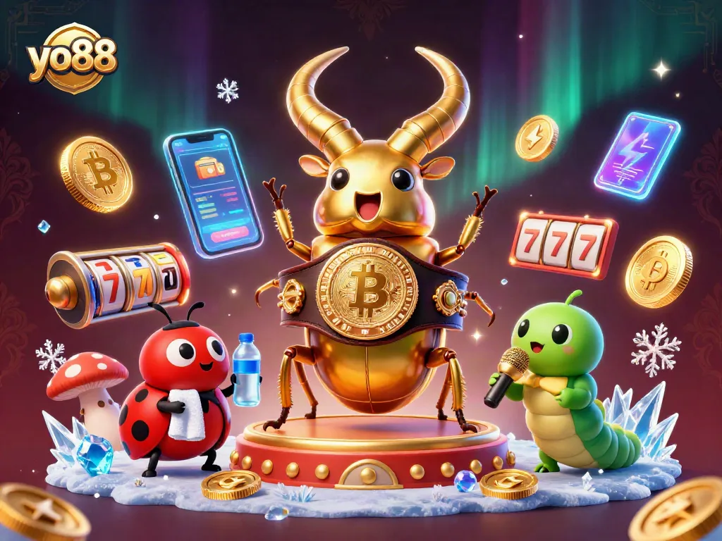 yo88 showcases a vibrant 3D scene of a giant stag beetle boxing, surrounded by casino elements conveying thrilling gaming action.