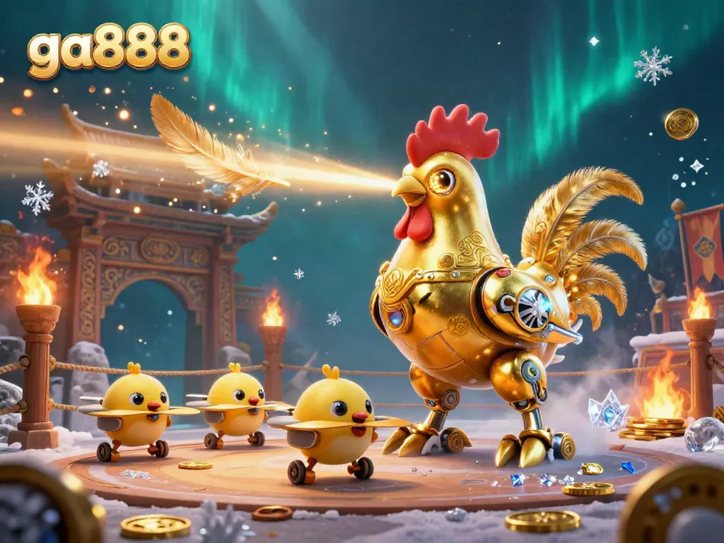 Experience thrilling gameplay with ga888 as the golden rooster robot battles in a dynamic arena.