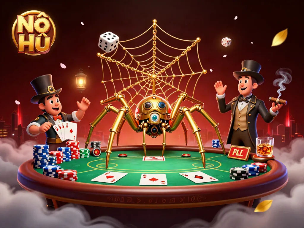 Nổ Hũ slots catch unlucky dice with a steampunk spider in a rich casino scene filled with poker elements.