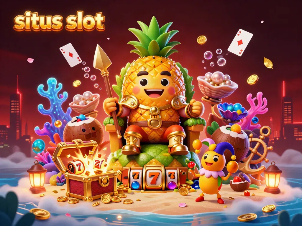 Situs slot illustration showcasing a golden pineapple king and vibrant casino elements in a dynamic beach scene.