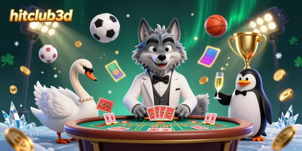 Engage with hitclub3d in this vibrant 3D illustration featuring dynamic casino characters and elements.