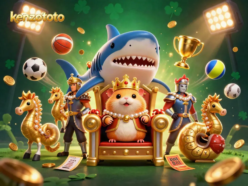 Spin the reels with kenzototo in this vibrant illustration showcasing a royal hamster king and dynamic gaming elements.