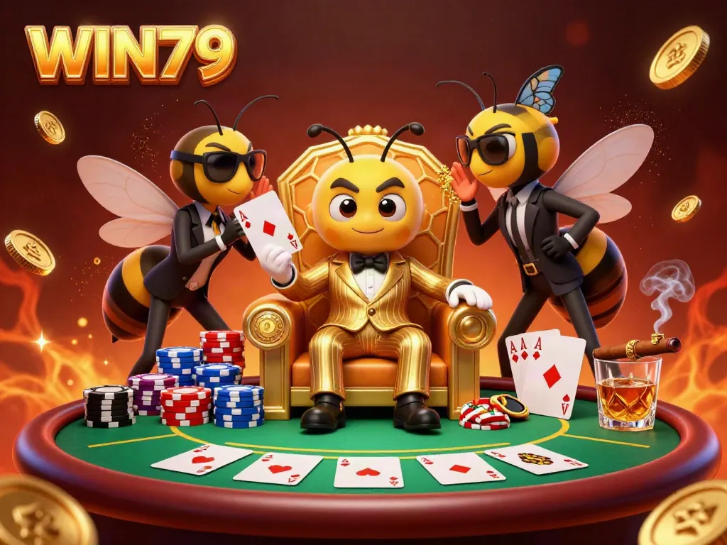 Experience the excitement of WIN79 with a dynamic 3D casino scene featuring vibrant poker elements.