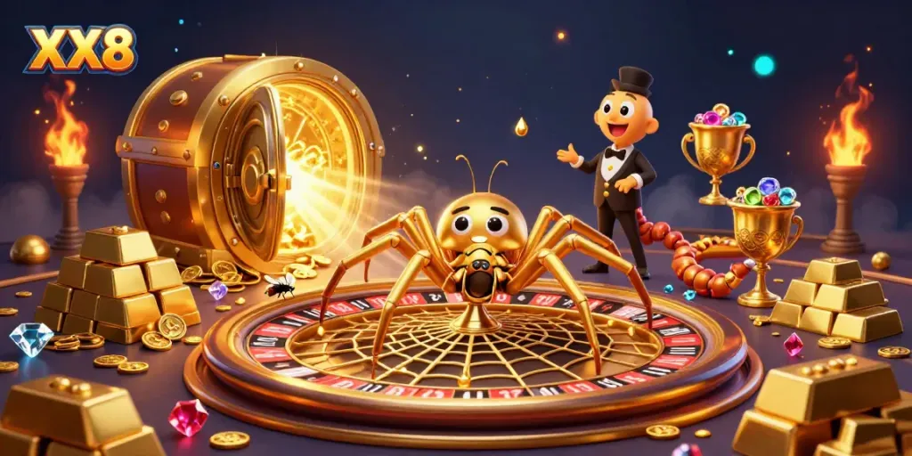 Place bets at the charming roulette web created by the XX8 golden spider while the centipede croupier manages the game.
