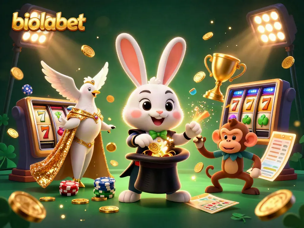 Experience biolabet thrills with a 3D magician rabbit, coins, and vibrant casino elements.