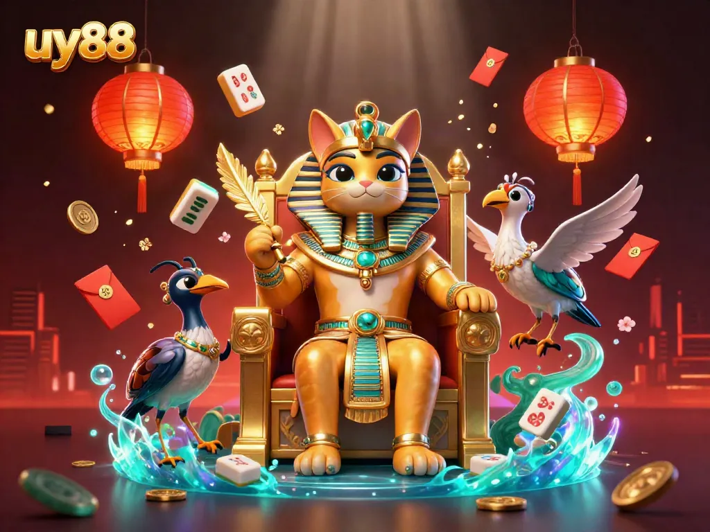 Experience the excitement of uy88 with dynamic casino-themed illustrations featuring a pharaoh cat.