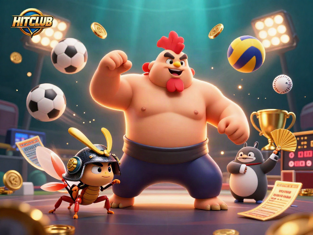 Engage in action at HITCLUB with vibrant casino characters and dynamic sports elements.