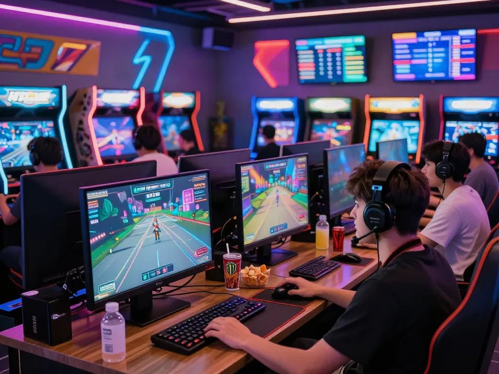 Exciting online gaming atmosphere at HITCLUB with players engaged in competitive gameplay amidst vibrant neon lighting.