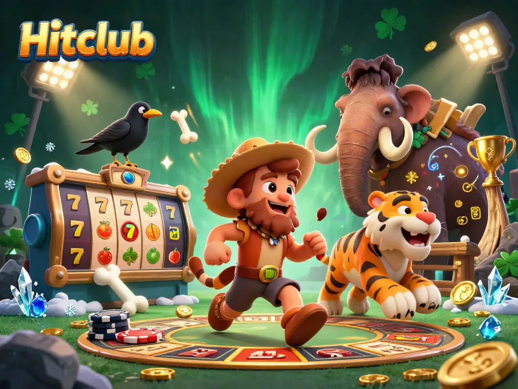 A dynamic scene featuring Hitclub characters in a prehistoric casino filled with vibrant slot elements and golden coins.