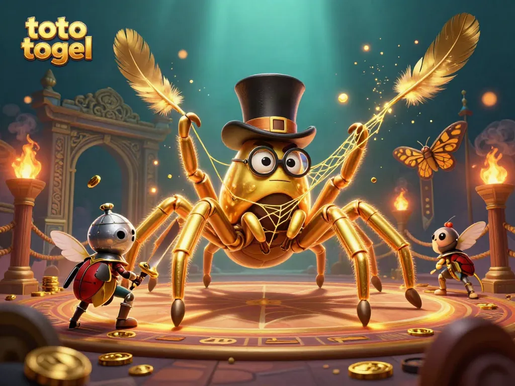 Experience thrilling toto togel adventures with a giant golden tarantula and a brave beetle knight in this vibrant casino scene.