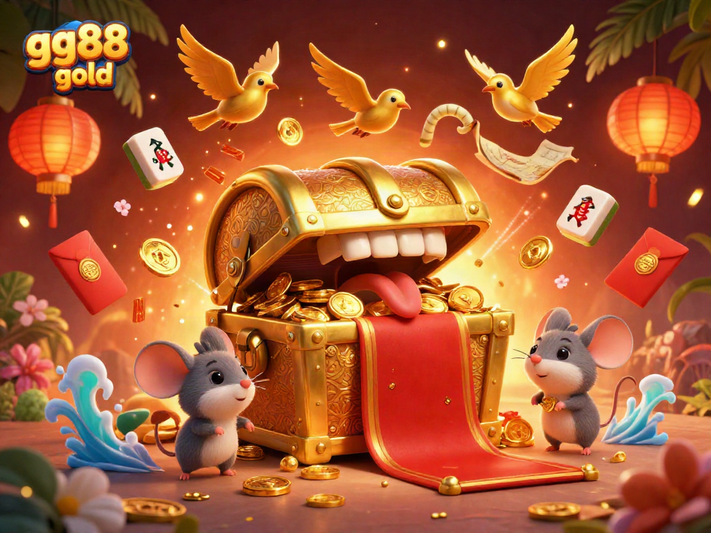 Experience the excitement of gg88 gold in a vibrant 3D casino scene full of treasures and game elements.