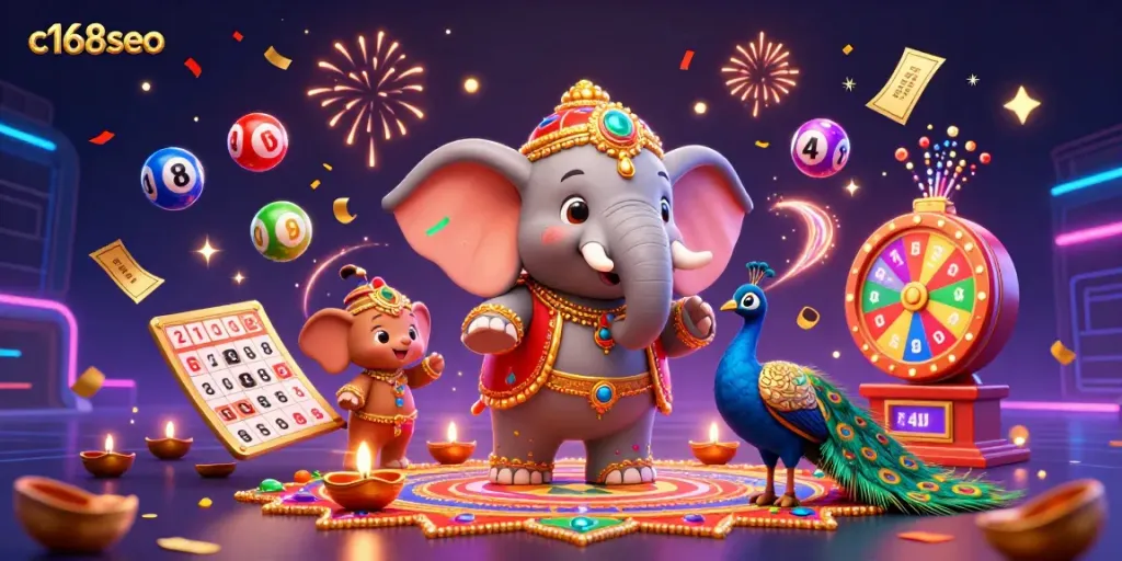 Engage in excitement at c168seo's colorful lottery scene with vibrant elements and festive decorations.