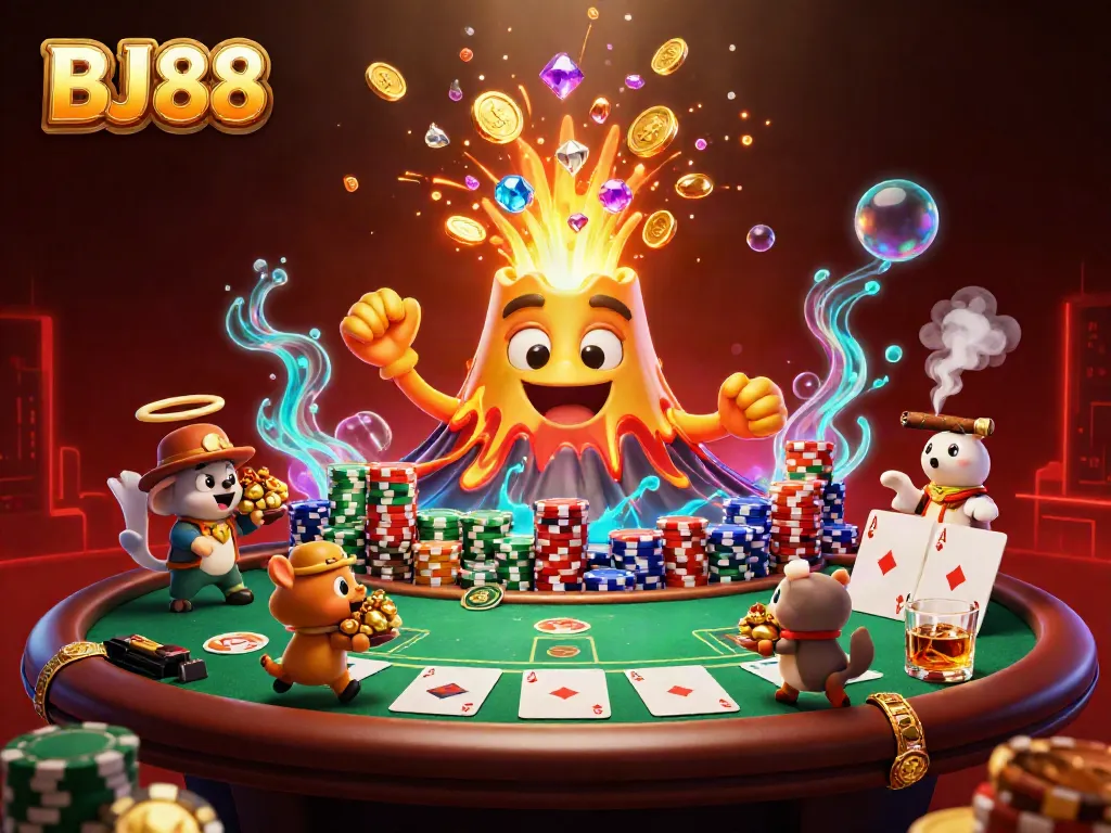 Play exciting casino games at BJ88 surrounded by vibrant 3D elements like a golden volcano and poker chips.