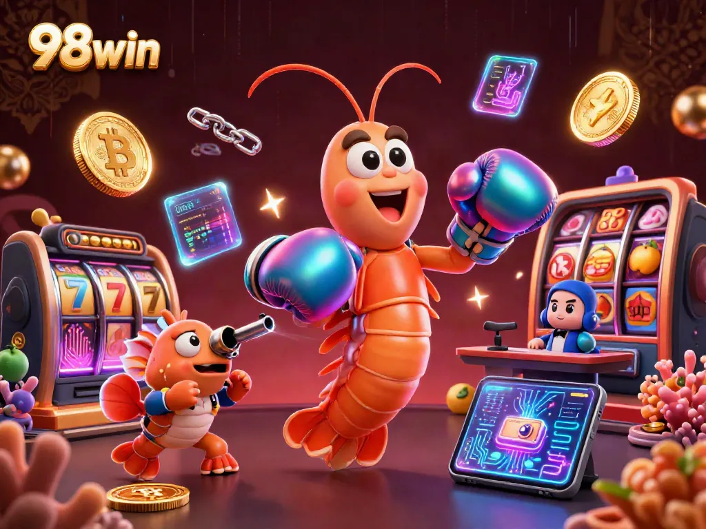 Experience exciting gameplay with 98win in a vibrant casino scene featuring shrimp characters.