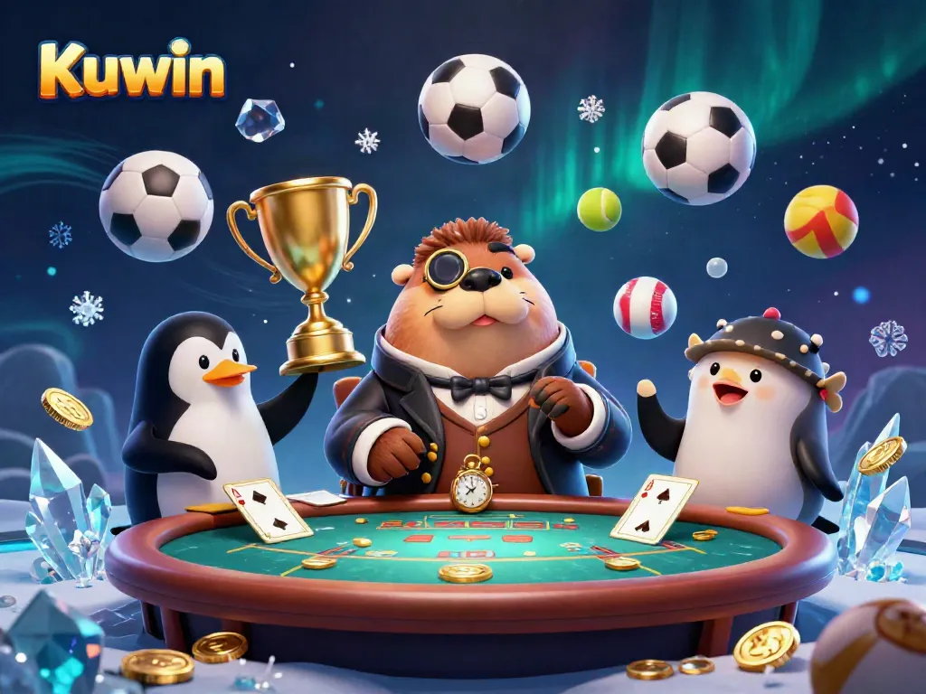 Kuwin showcases a vibrant underwater poker game featuring a walrus and dealer penguin, capturing exciting gambling moments.