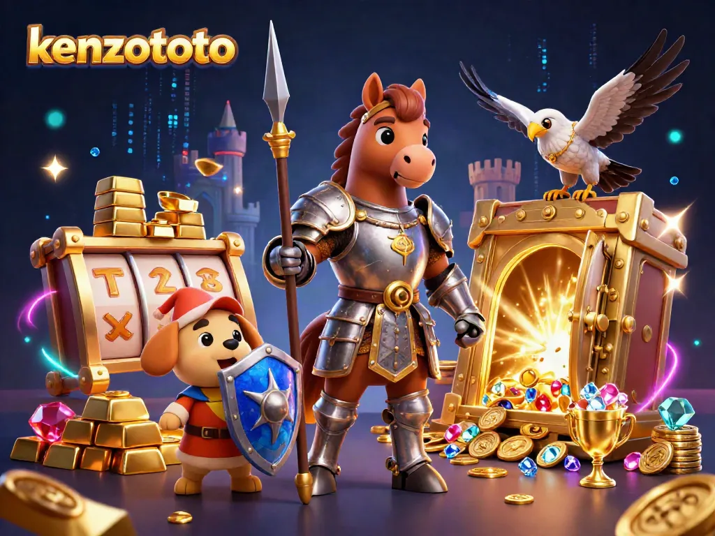 Kenzototo's dynamic gambling scene with a knight, squire, and falcon amidst a treasure vault and slot elements.
