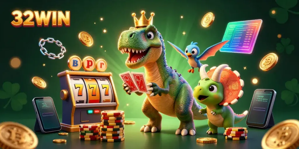 Experience the excitement of 32WIN with a vibrant casino scene featuring a T-Rex and triceratops.
