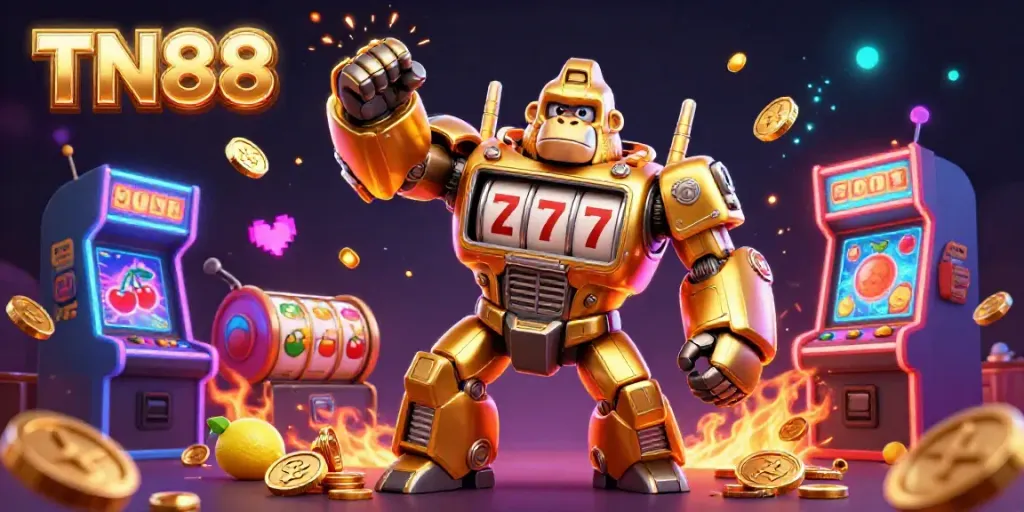 Experience thrilling TN88 slot action with a golden mech and vibrant casino elements.