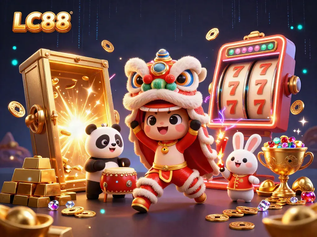 Experience the festive excitement at LC88 with a vibrant 3D casino scene featuring a lion dance and treasures.