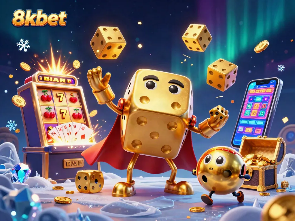 Engage in vibrant gameplay with 8xbet as golden dice characters juggle winnings in a dynamic casino scene.