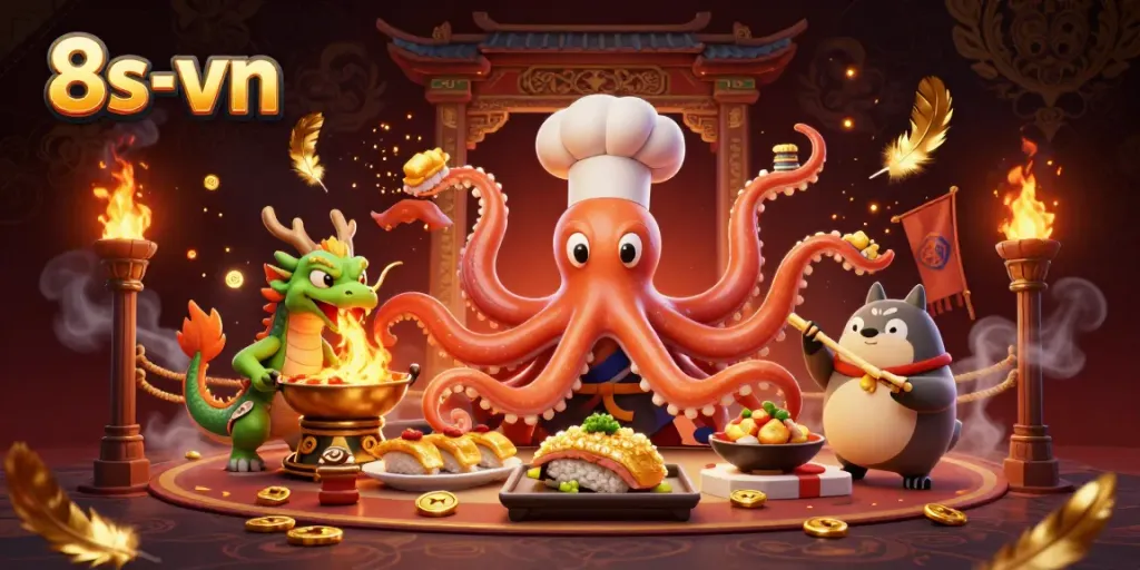 Experience thrilling wins at 8s-vn with a dynamic illustration of casino excitement featuring creative characters.