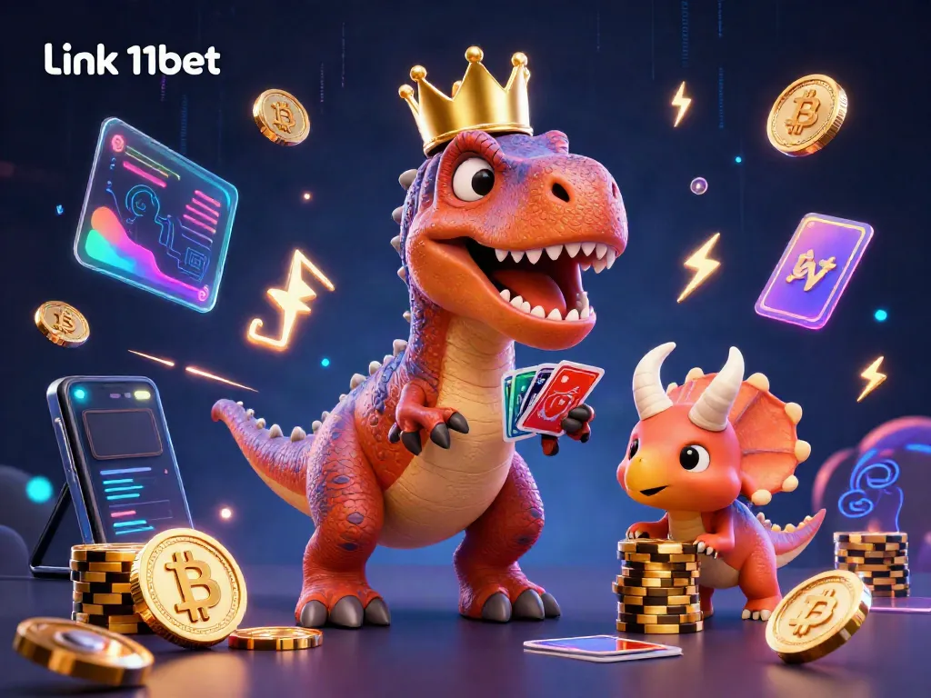 Engage with the vibrant action of "link 11bet" as a T-Rex and friends play cards in a colorful casino.