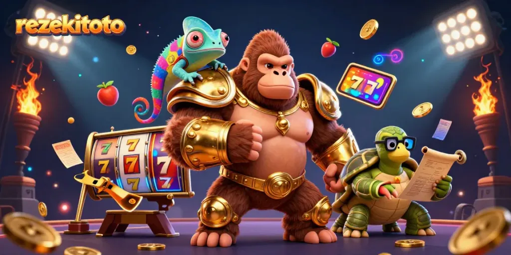 Experience the excitement of rezekitoto with a vibrant 3D illustration showcasing gaming elements and dynamic characters.