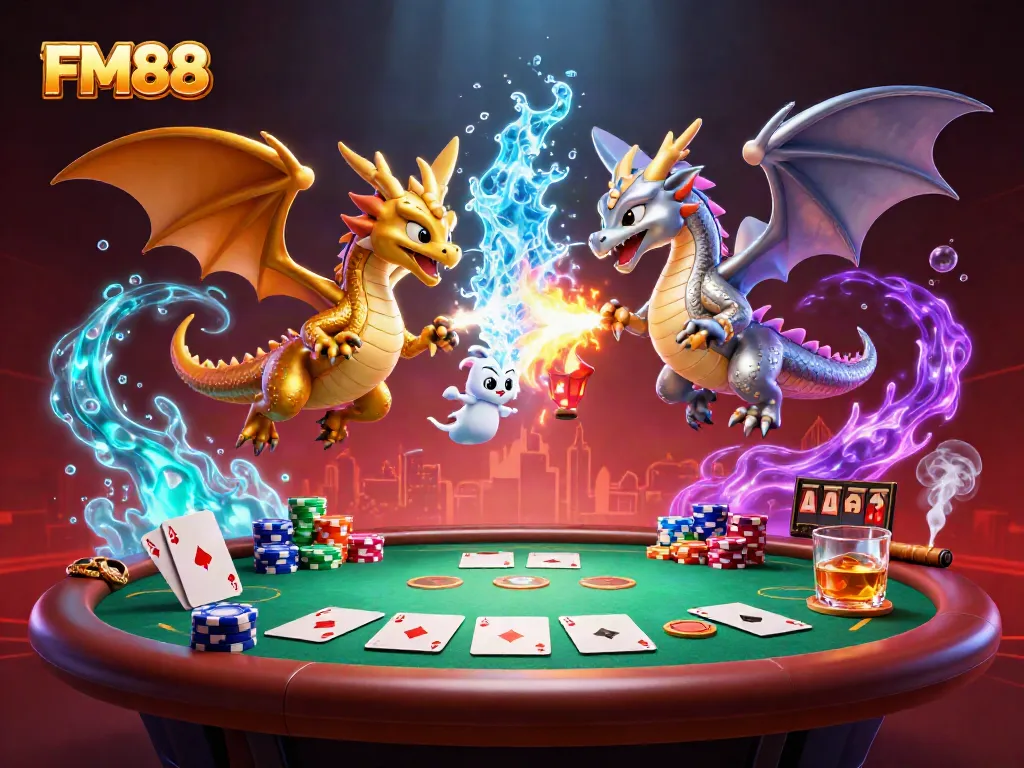 Winning big at FM88 with epic dragon duels and poker action in an electrifying gaming scene.
