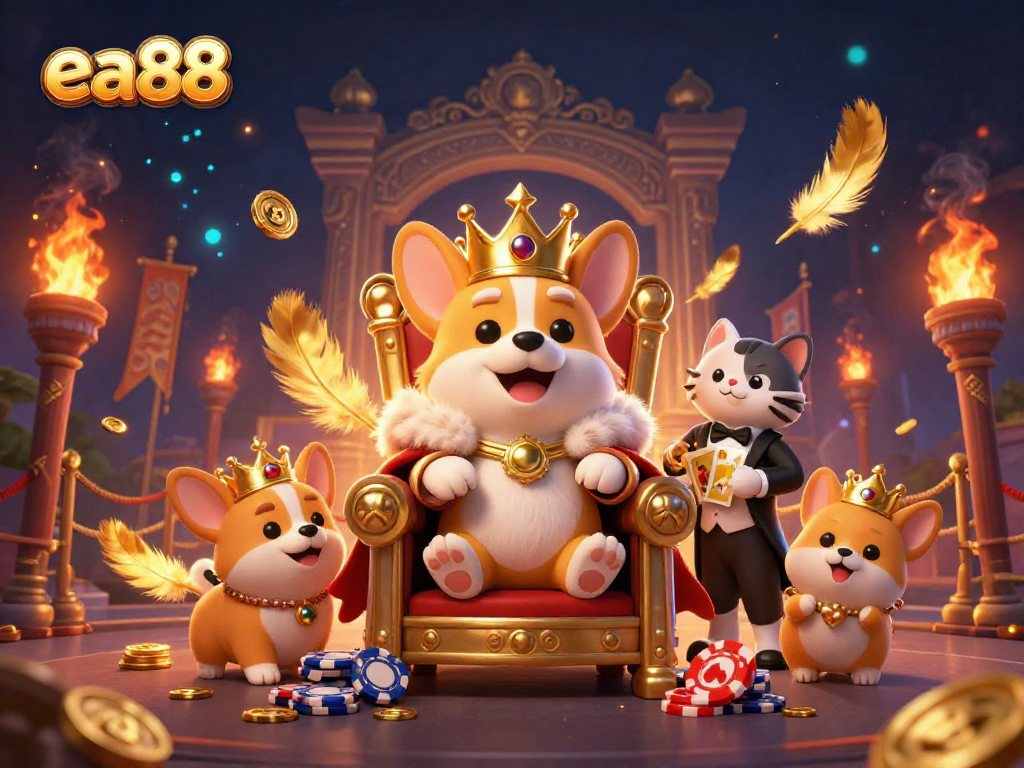 ea88's royal corgi king throne surrounded by gold and vibrant casino elements, illustrating gaming excitement.