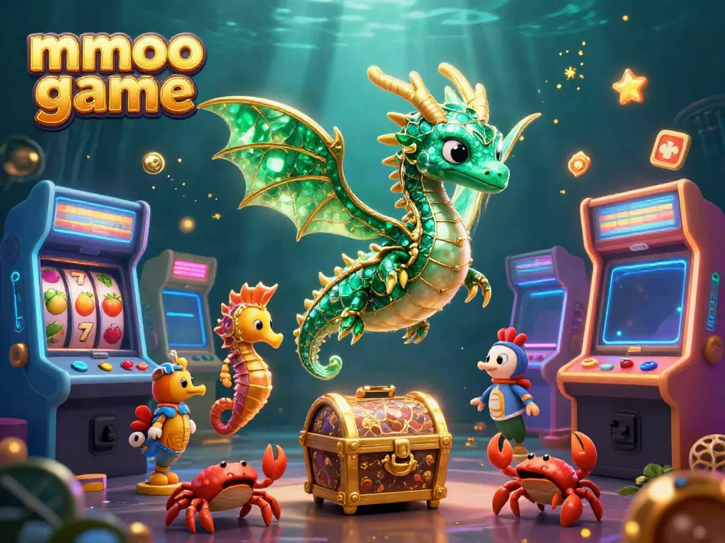 Engage in the vibrant mmoo game with a 3D sea dragon and slot machines illustrating a fun casino experience.