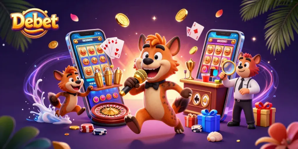 Join the Debet comedy casino with hyenas mixing drinks, telling jokes, and keeping the fun alive!