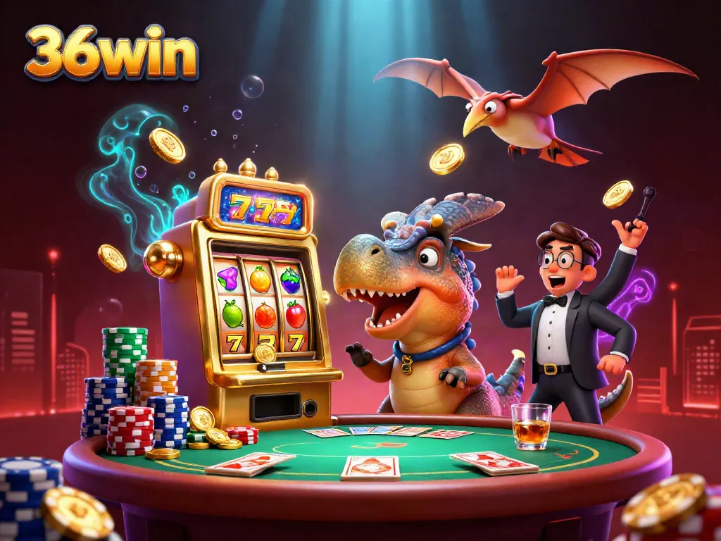 Catch golden coins in a dynamic scene depicting 36win with cartoon dinosaurs in a lively casino environment.