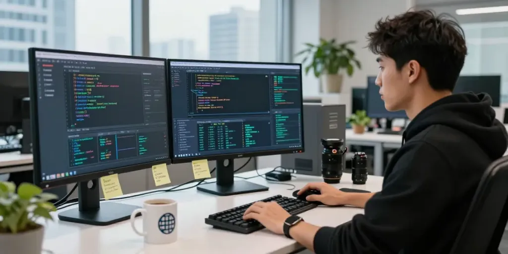 Cybersecurity analyst monitoring pecah404 network traffic in modern office.