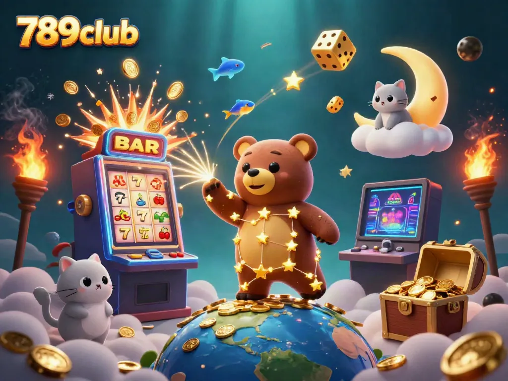 Win big with 789club as the bear scoops coins amidst a vibrant casino scene.