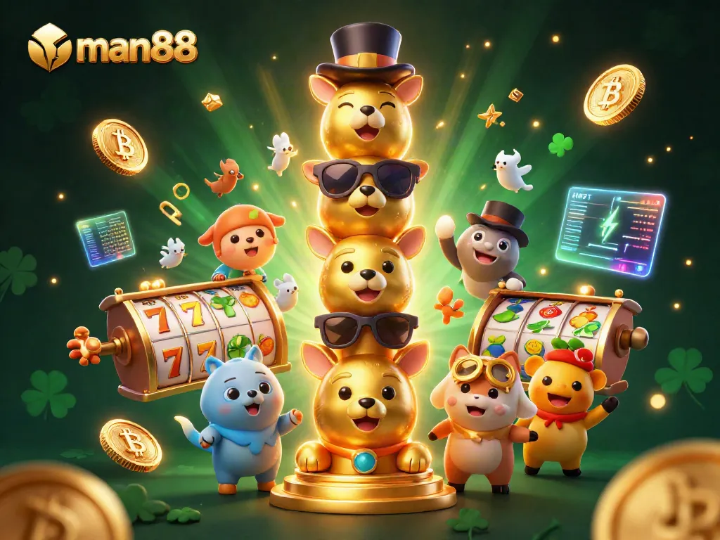 Experience the excitement of man88 with vibrant slot reels, Bitcoin, and Ethereum coins in a lively casino illustration
