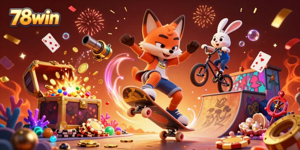 Experience 78win's gaming thrill with a skateboarding fox and BMX rabbit under vibrant casino elements.