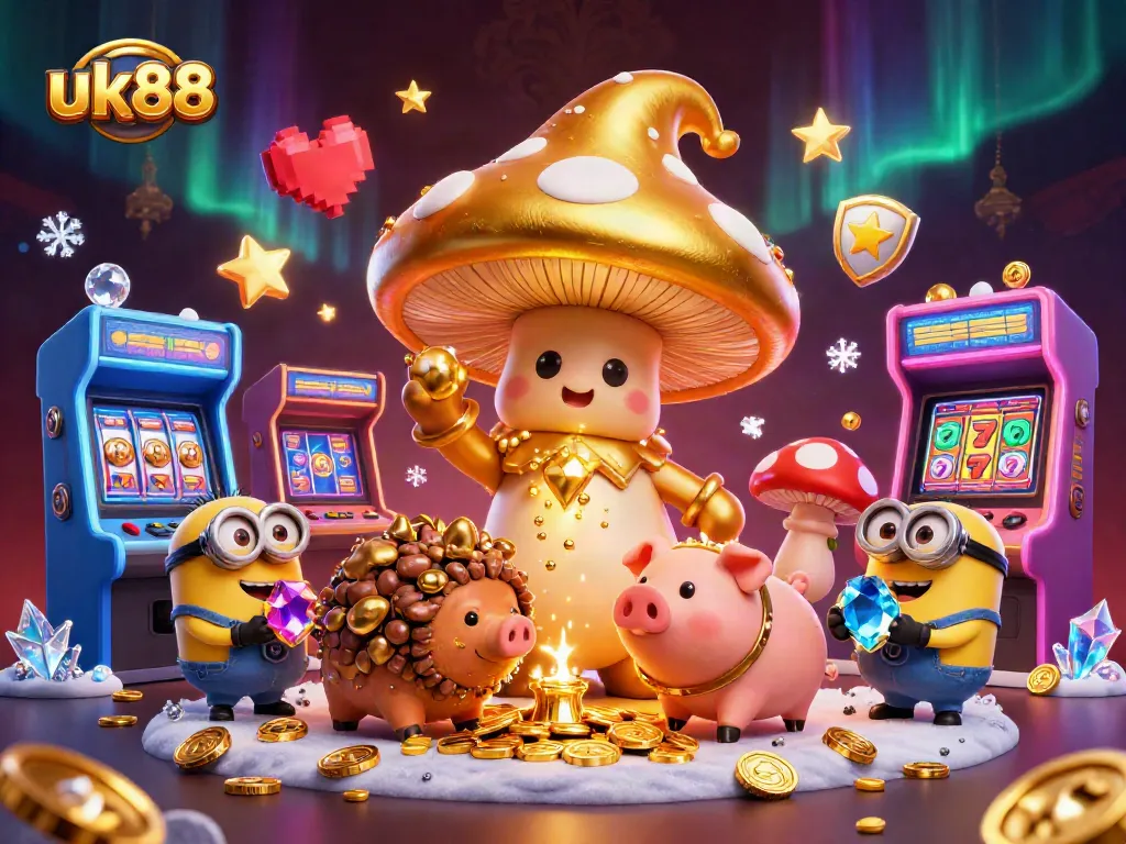 Experience the excitement of uk88 with a captivating scene of a golden wizard and treasures, showcasing thrilling slot action.