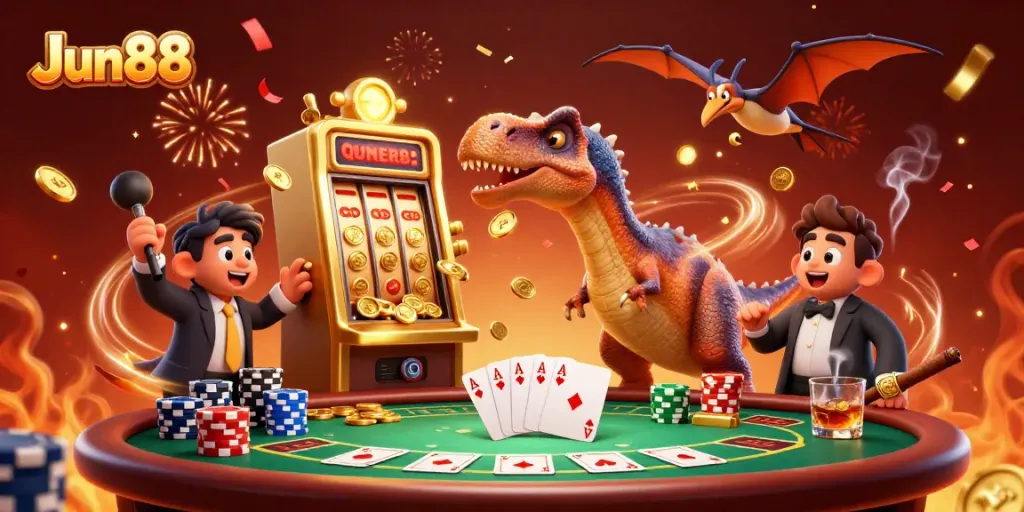 Jun88 features a pachycephalosaurus winning coins from a slot machine in a vibrant casino atmosphere.