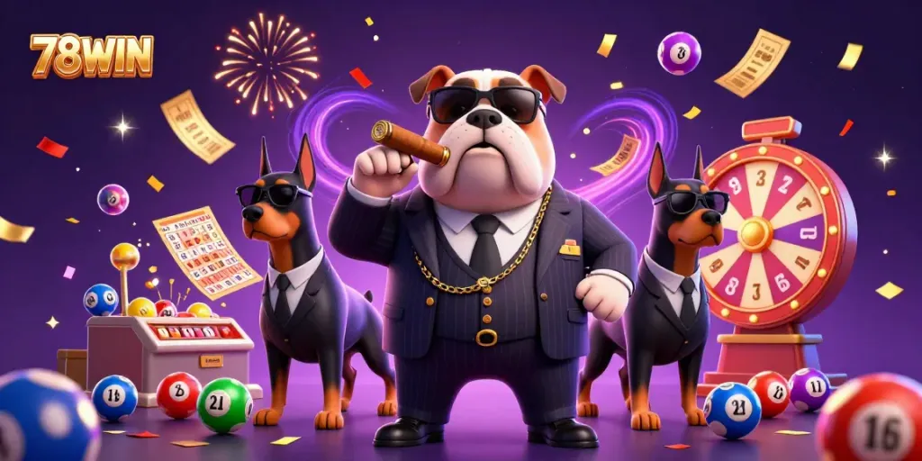 Experience the thrill of 78WIN with vibrant lottery elements and an engaging mafia boss scene.