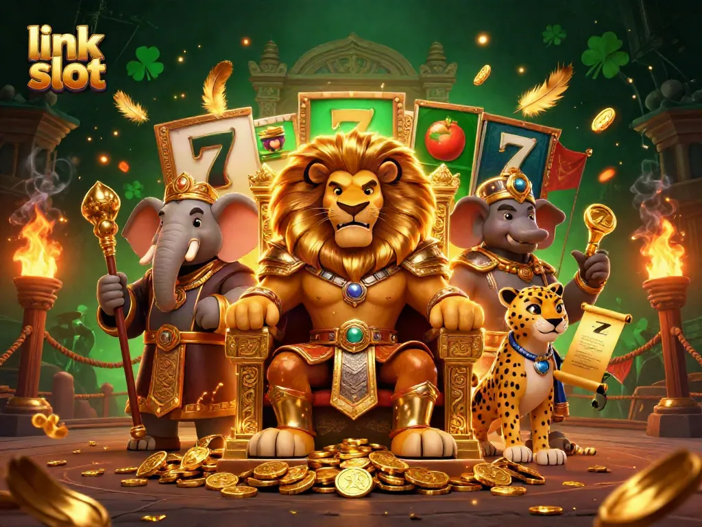 Engage with the link slot illustrated scene featuring a fierce lion king amidst dynamic casino elements for immersive gaming.