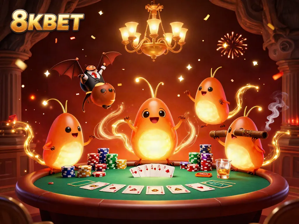 Experience the thrill of gaming at 8KBET with vibrant casino elements and lively characters.
