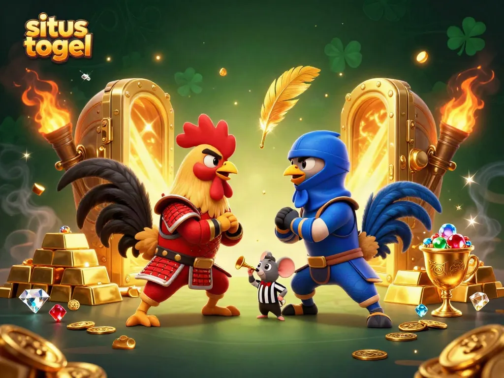 Witness a thrilling showdown between samurai and ninja roosters in this magical situs togel scene filled with treasures.