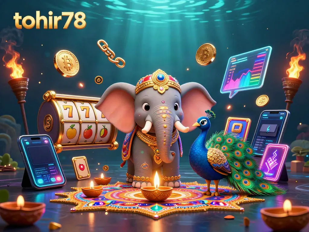 Spin the reels with tohir78's vibrant Diwali-themed casino scene, featuring Bitcoin and Ethereum coins.