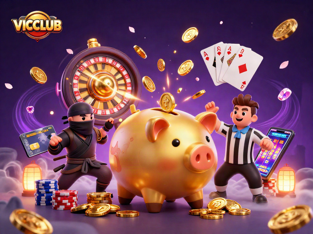 Experience the excitement of VICCLUB with a vibrant 3D gaming illustration featuring dynamic casino adventures.